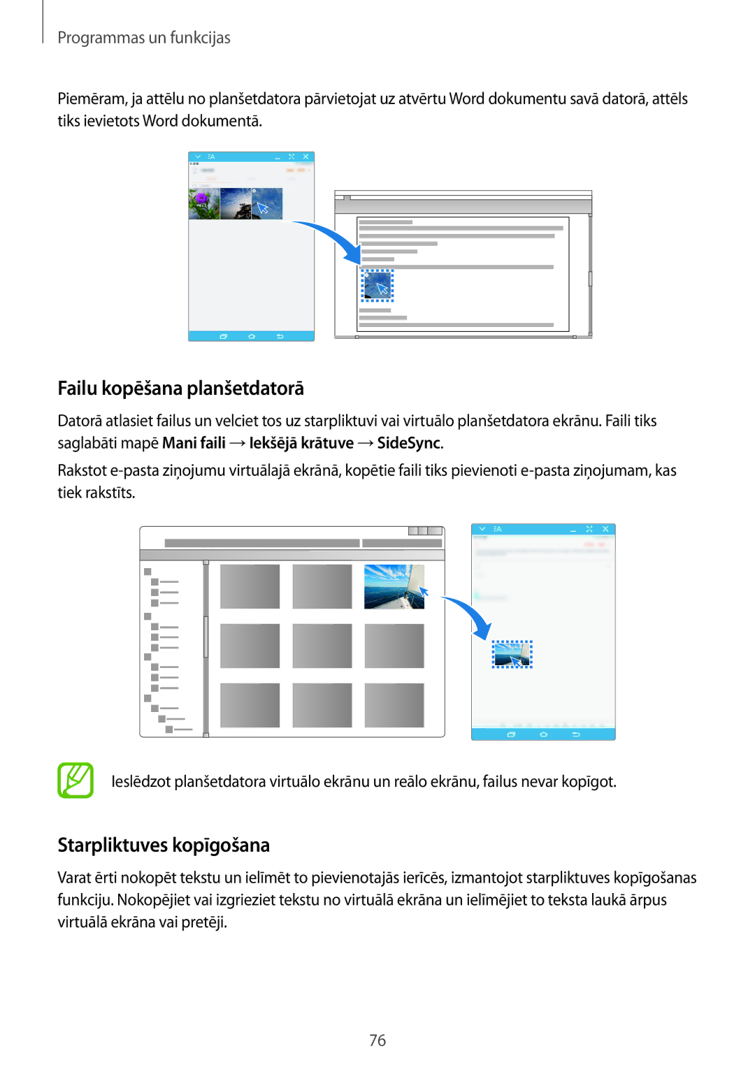 Samsung SM-T550NZKASEB, SM-T550NZWASEB, SM-P550NZKASEB manual Failu kopēšana planšetdatorā, Starpliktuves kopīgošana 