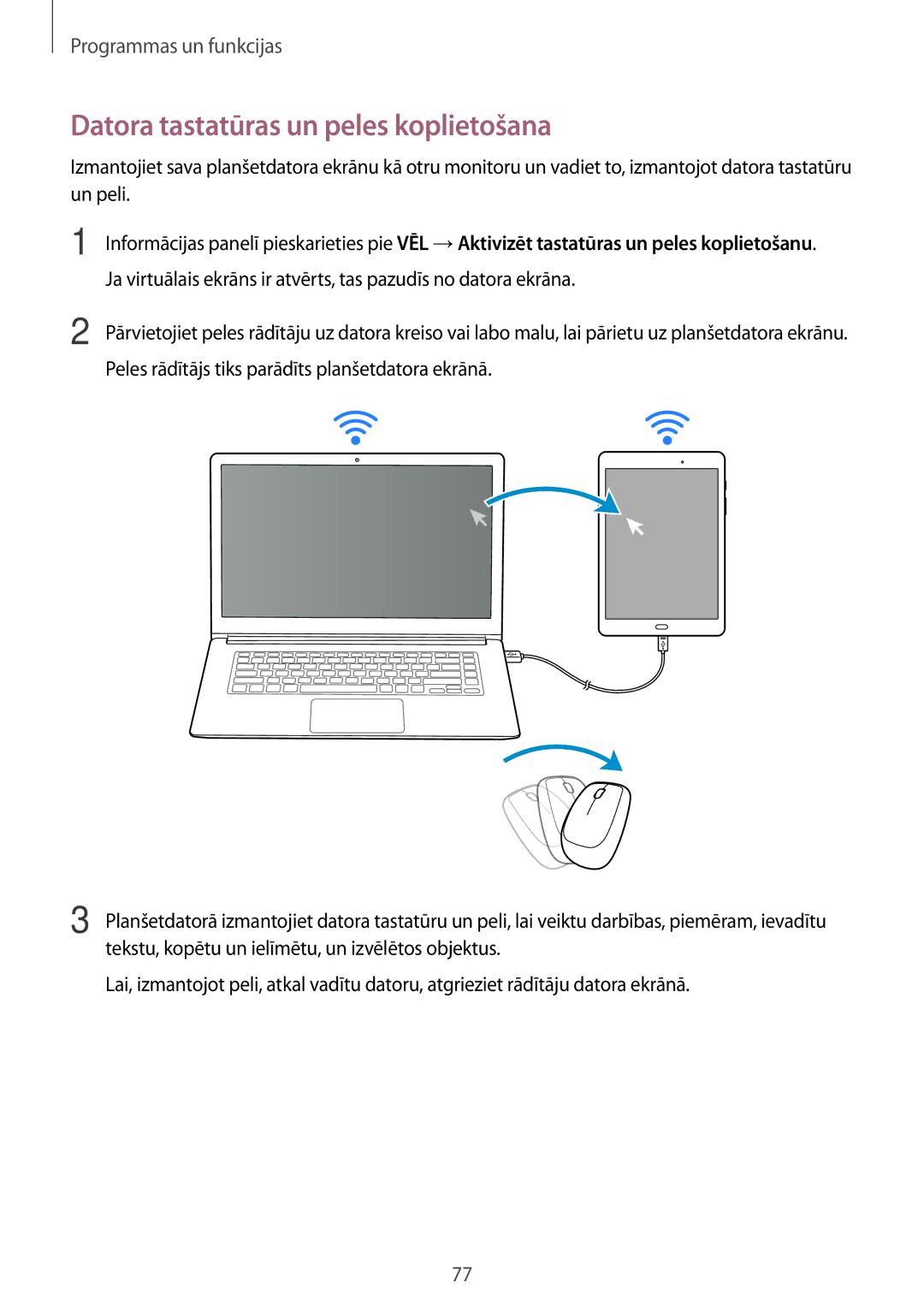 Samsung SM-P550NZKASEB manual Datora tastatūras un peles koplietošana, Peles rādītājs tiks parādīts planšetdatora ekrānā 