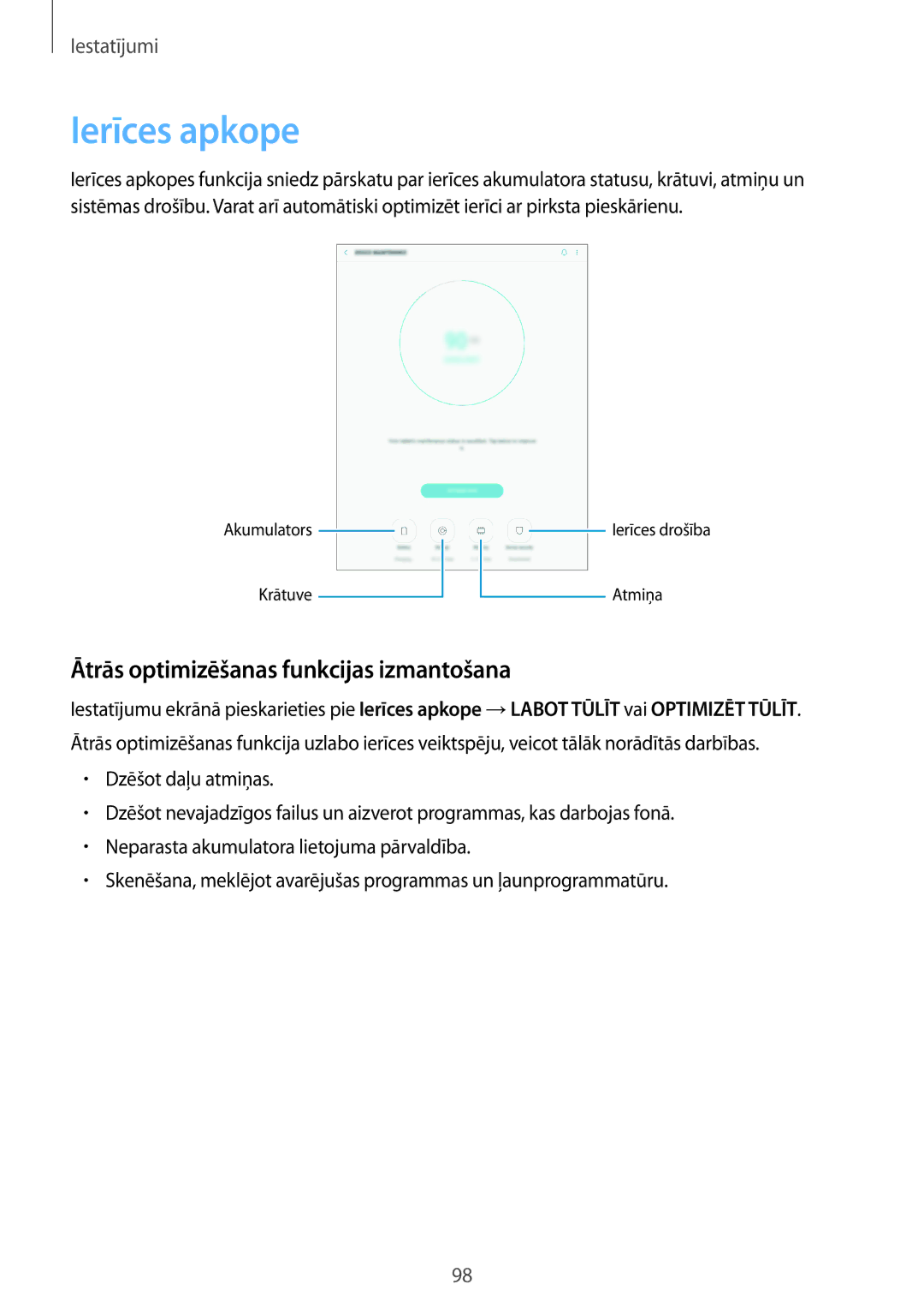 Samsung SM-P550NZKASEB, SM-T550NZWASEB, SM-T550NZKASEB manual Ierīces apkope, Ātrās optimizēšanas funkcijas izmantošana 