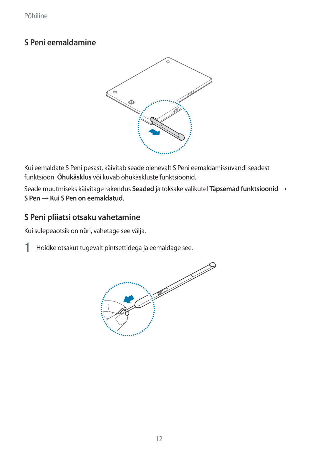 Samsung SM-T550NZWASEB, SM-T550NZKASEB, SM-P550NZKASEB manual Peni eemaldamine, Peni pliiatsi otsaku vahetamine 