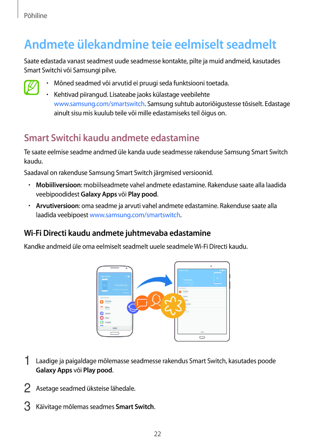 Samsung SM-T550NZKASEB manual Smart Switchi kaudu andmete edastamine, Wi-Fi Directi kaudu andmete juhtmevaba edastamine 