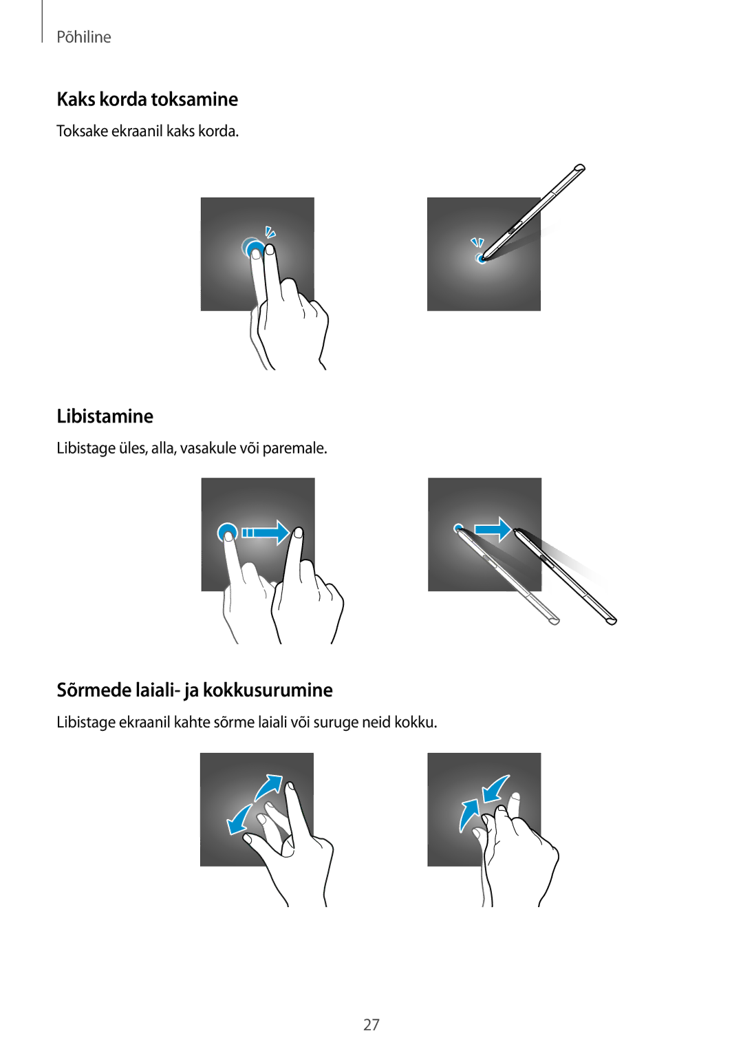 Samsung SM-T550NZWASEB, SM-T550NZKASEB, SM-P550NZKASEB Kaks korda toksamine, Libistamine, Sõrmede laiali- ja kokkusurumine 