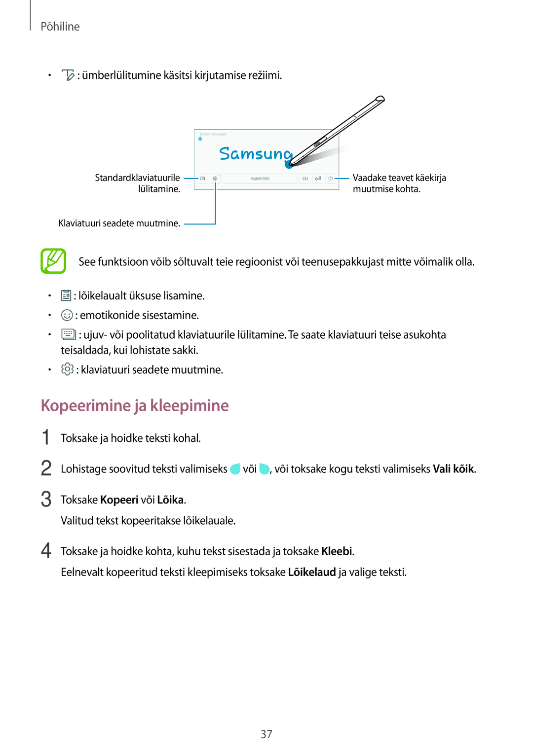 Samsung SM-T550NZKASEB, SM-T550NZWASEB manual Kopeerimine ja kleepimine, Ümberlülitumine käsitsi kirjutamise režiimi 