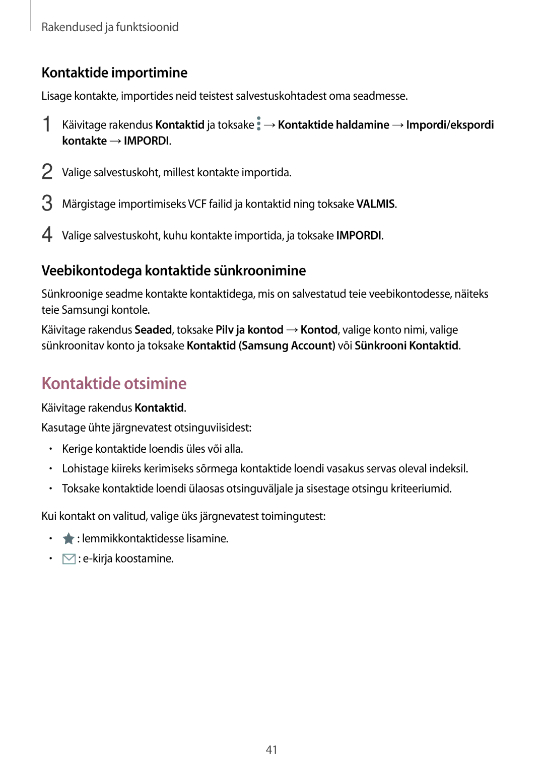 Samsung SM-P550NZKASEB manual Kontaktide otsimine, Kontaktide importimine, Veebikontodega kontaktide sünkroonimine 