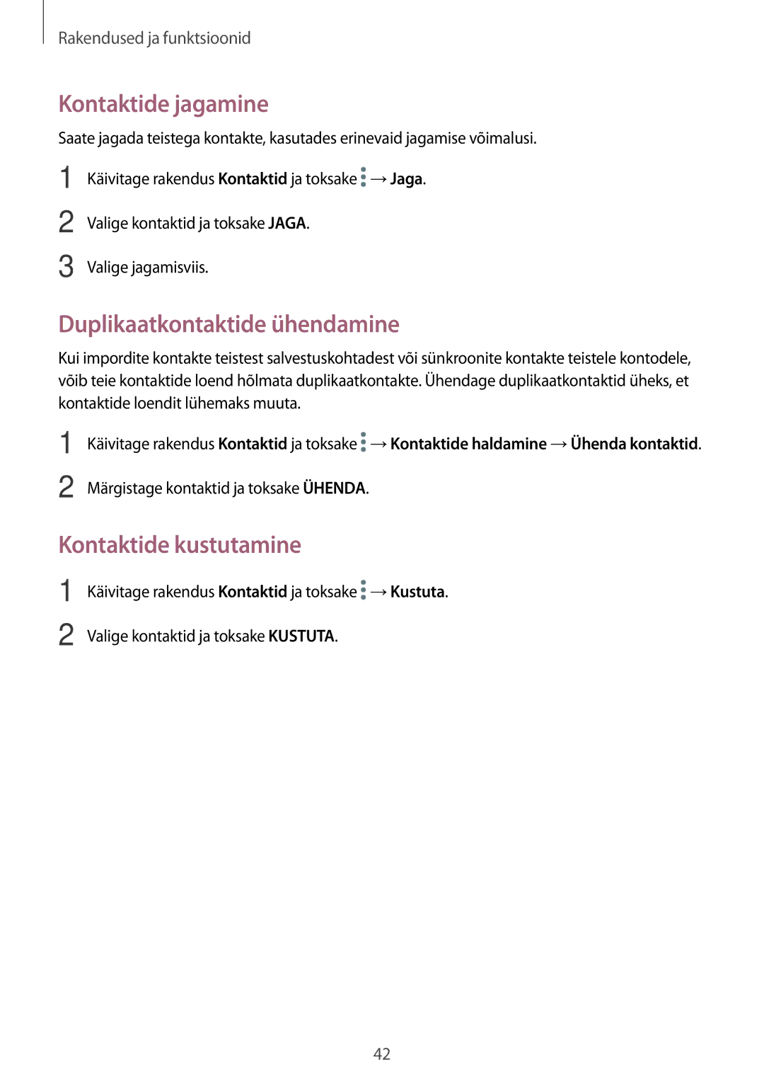 Samsung SM-T550NZWASEB, SM-T550NZKASEB manual Kontaktide jagamine, Duplikaatkontaktide ühendamine, Kontaktide kustutamine 