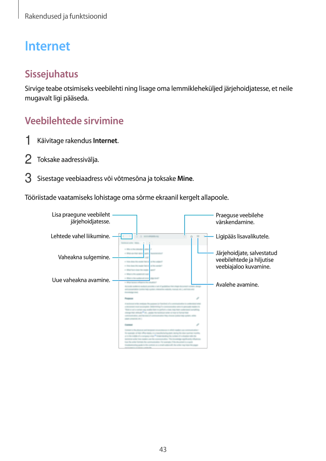 Samsung SM-T550NZKASEB, SM-T550NZWASEB, SM-P550NZKASEB manual Internet, Veebilehtede sirvimine 
