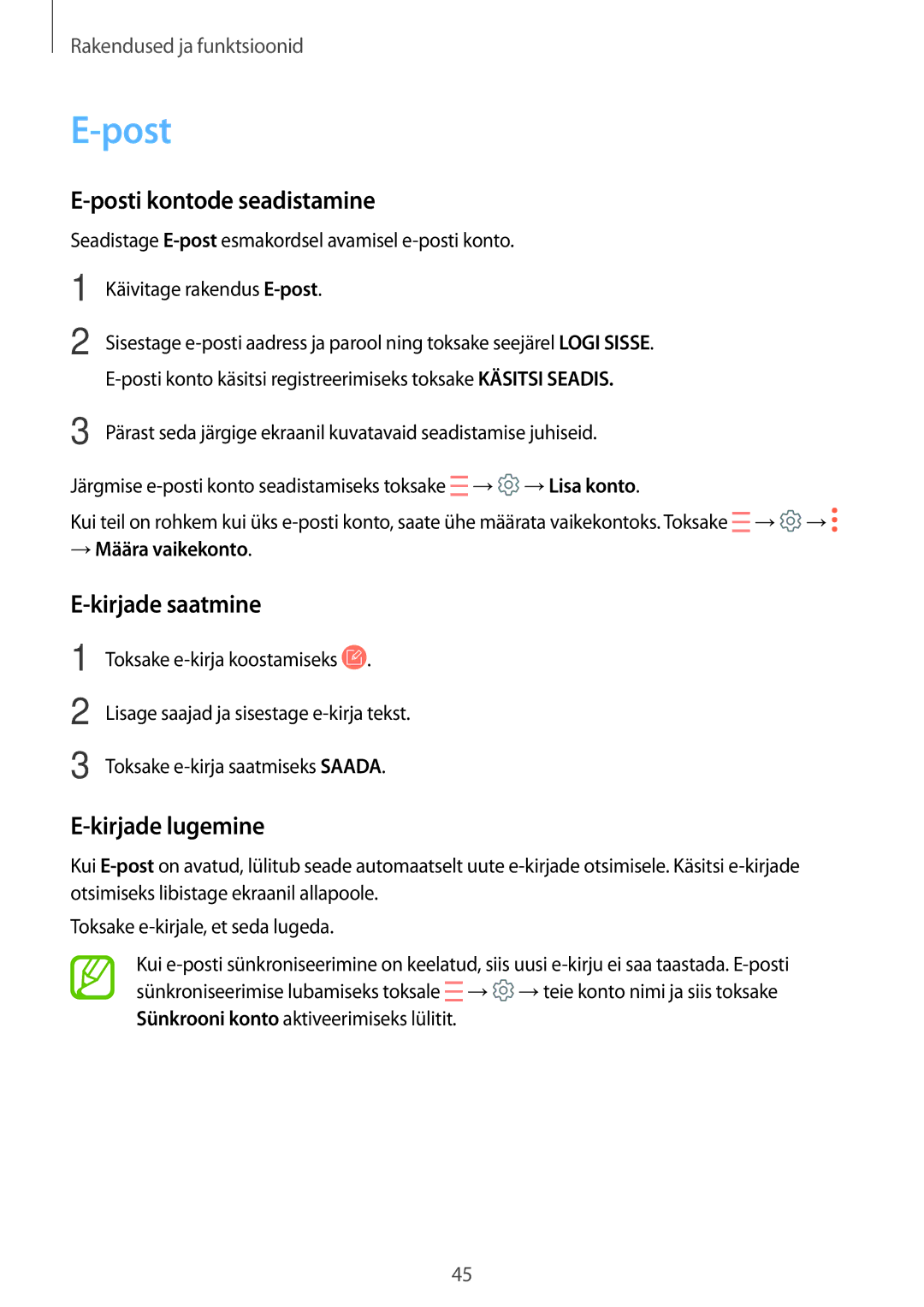 Samsung SM-T550NZWASEB manual Posti kontode seadistamine, Kirjade saatmine, Kirjade lugemine, → Määra vaikekonto 