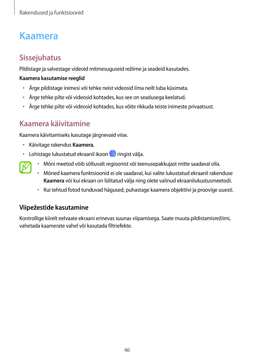 Samsung SM-T550NZKASEB, SM-T550NZWASEB manual Kaamera käivitamine, Viipežestide kasutamine, Kaamera kasutamise reeglid 