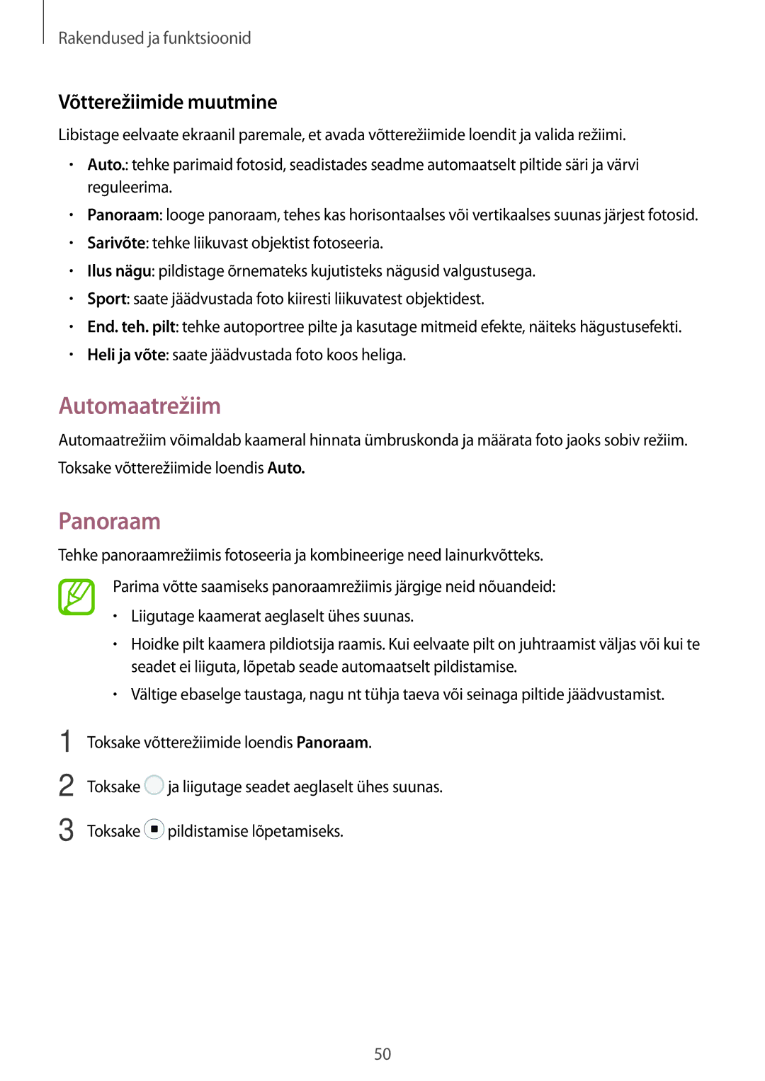 Samsung SM-P550NZKASEB Automaatrežiim, Panoraam, Võtterežiimide muutmine, Heli ja võte saate jäädvustada foto koos heliga 