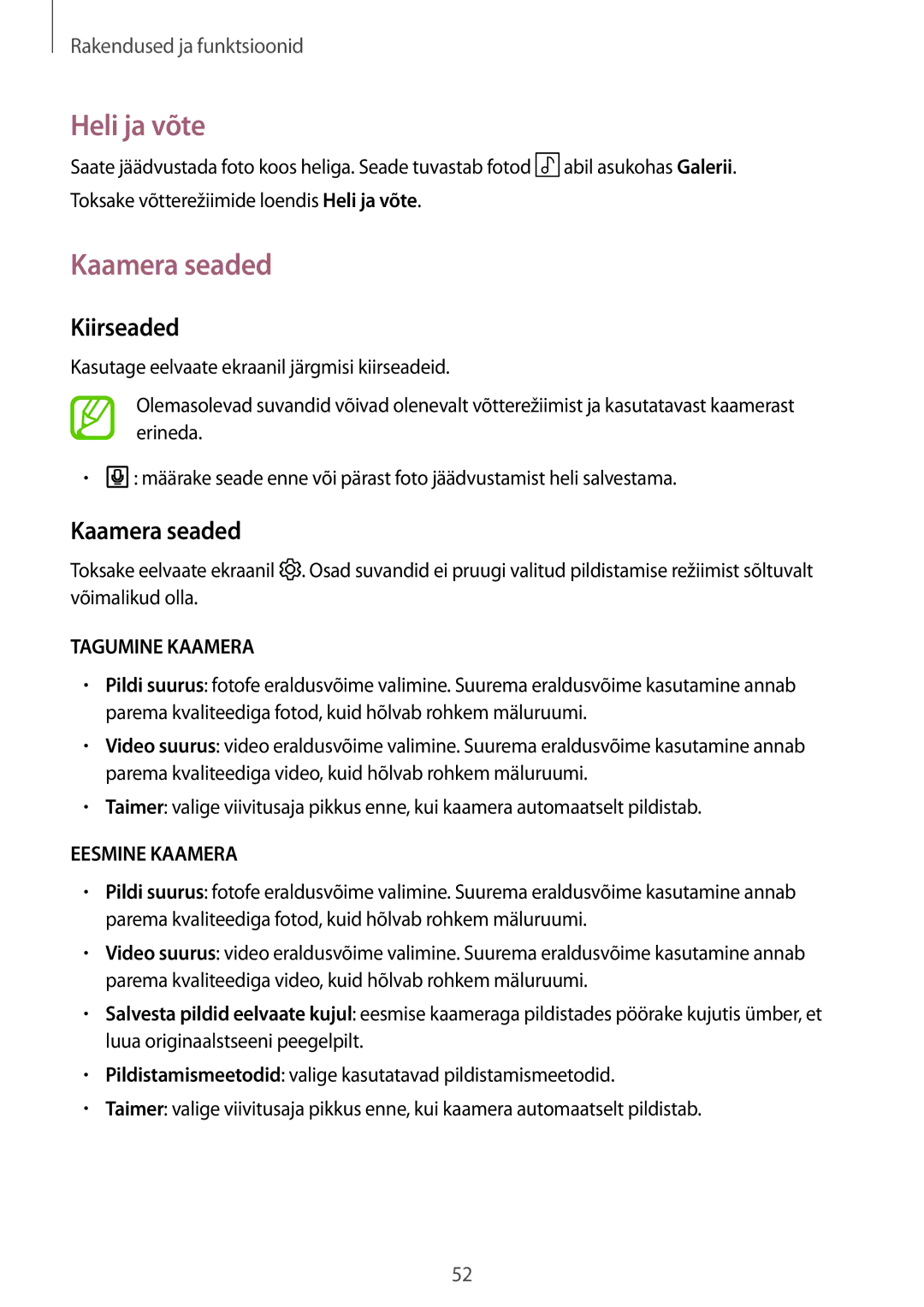 Samsung SM-T550NZKASEB, SM-T550NZWASEB, SM-P550NZKASEB manual Heli ja võte, Kaamera seaded, Kiirseaded 