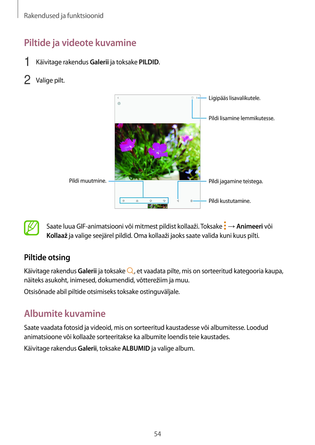 Samsung SM-T550NZWASEB, SM-T550NZKASEB manual Piltide ja videote kuvamine, Albumite kuvamine, Piltide otsing, Valige pilt 