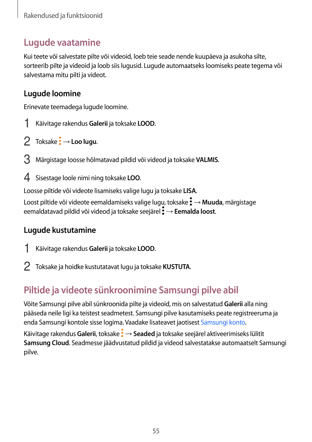 Samsung SM-T550NZKASEB manual Lugude vaatamine, Piltide ja videote sünkroonimine Samsungi pilve abil, Lugude loomine 