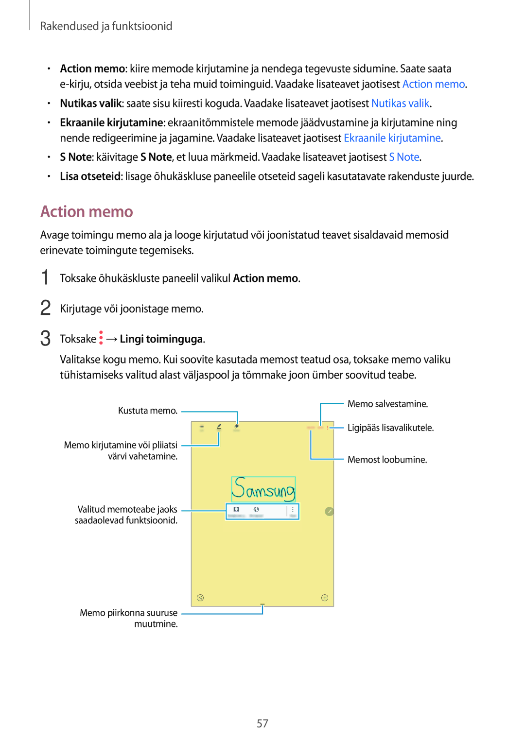 Samsung SM-T550NZWASEB, SM-T550NZKASEB, SM-P550NZKASEB manual Action memo, Toksake →Lingi toiminguga 