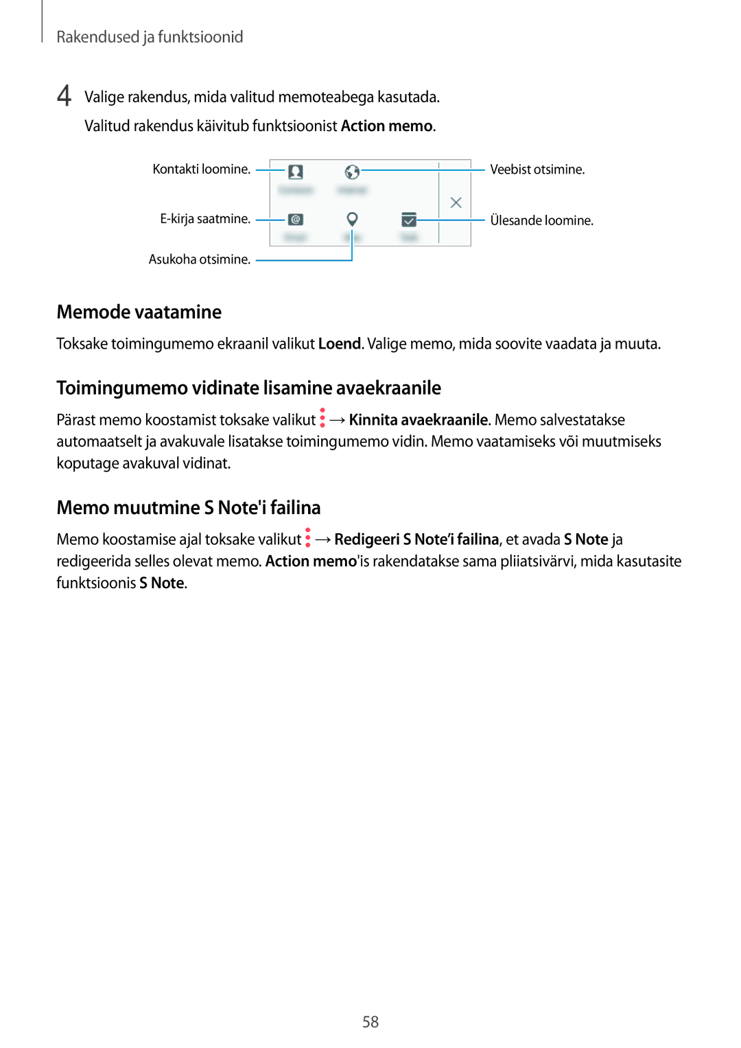 Samsung SM-T550NZKASEB manual Memode vaatamine, Toimingumemo vidinate lisamine avaekraanile, Memo muutmine S Notei failina 