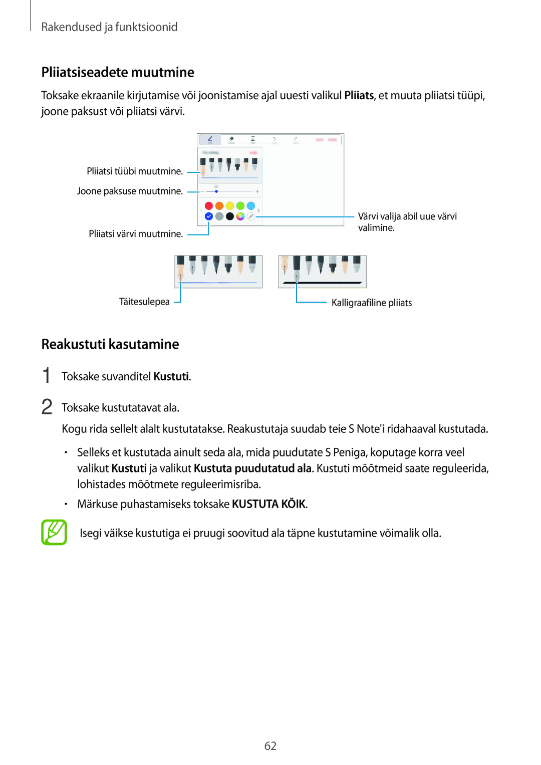 Samsung SM-P550NZKASEB, SM-T550NZWASEB, SM-T550NZKASEB manual Pliiatsiseadete muutmine, Reakustuti kasutamine 