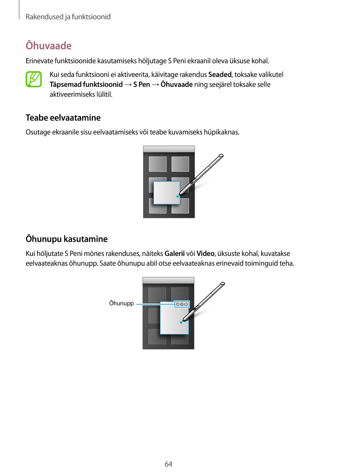 Samsung SM-T550NZKASEB, SM-T550NZWASEB, SM-P550NZKASEB manual Õhuvaade, Teabe eelvaatamine, Õhunupu kasutamine 