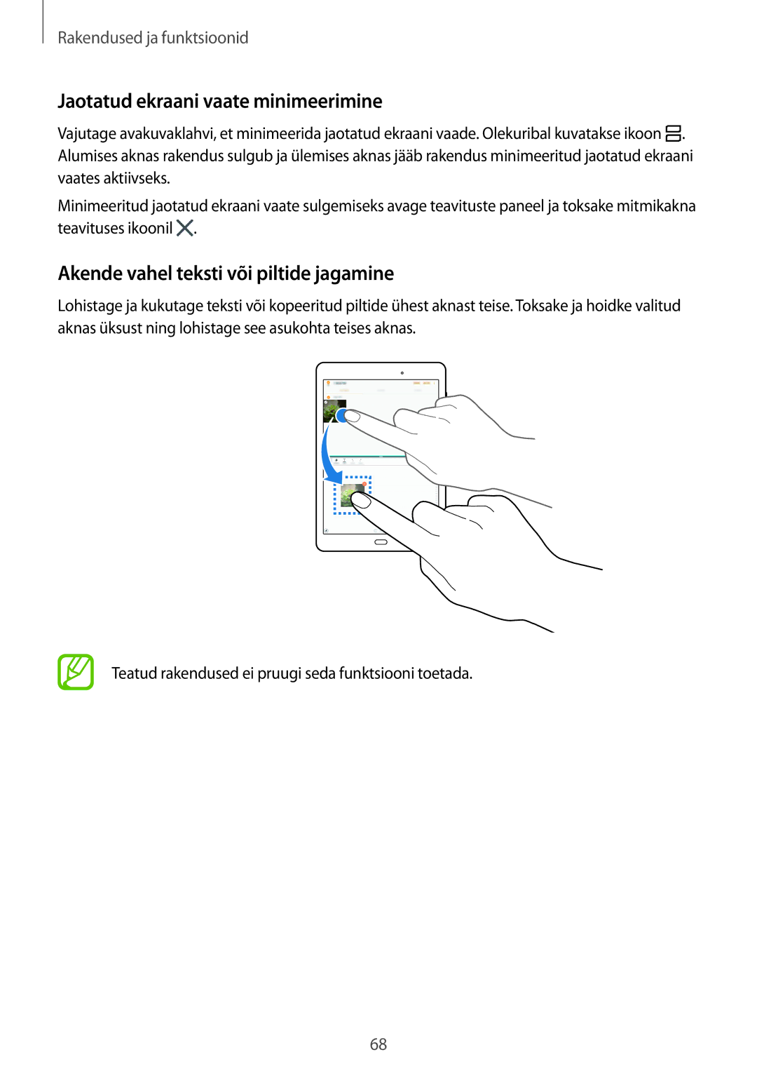 Samsung SM-P550NZKASEB, SM-T550NZWASEB manual Jaotatud ekraani vaate minimeerimine, Akende vahel teksti või piltide jagamine 