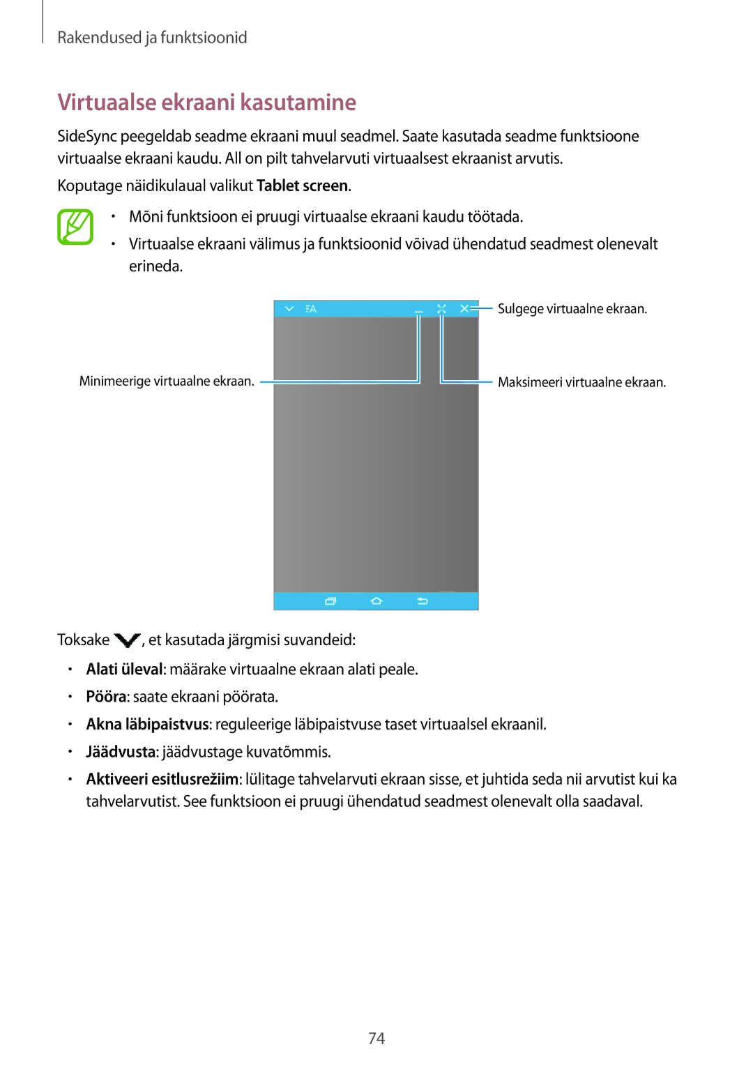 Samsung SM-P550NZKASEB, SM-T550NZWASEB, SM-T550NZKASEB manual Virtuaalse ekraani kasutamine 