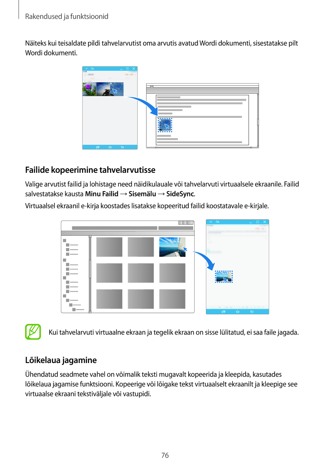 Samsung SM-T550NZKASEB, SM-T550NZWASEB, SM-P550NZKASEB manual Failide kopeerimine tahvelarvutisse, Lõikelaua jagamine 