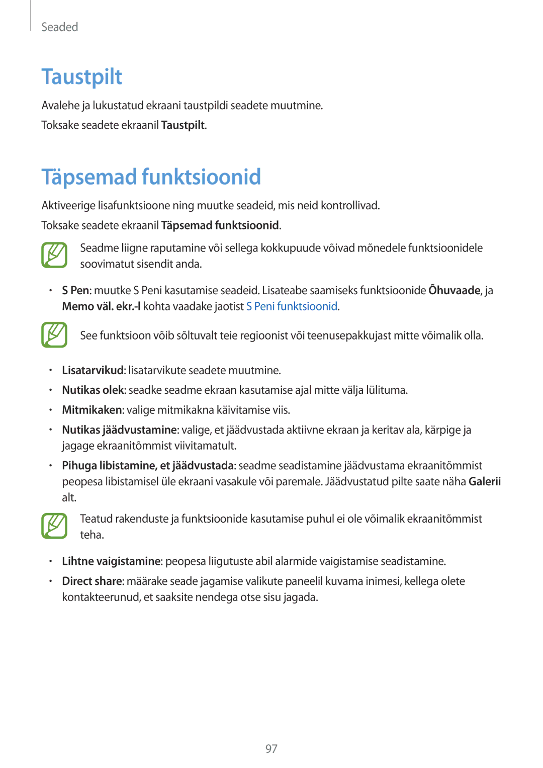 Samsung SM-T550NZKASEB, SM-T550NZWASEB, SM-P550NZKASEB manual Taustpilt, Täpsemad funktsioonid 