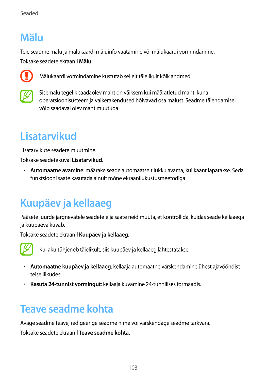 Samsung SM-T550NZKASEB, SM-T550NZWASEB, SM-P550NZKASEB manual Mälu, Lisatarvikud, Kuupäev ja kellaaeg, Teave seadme kohta 