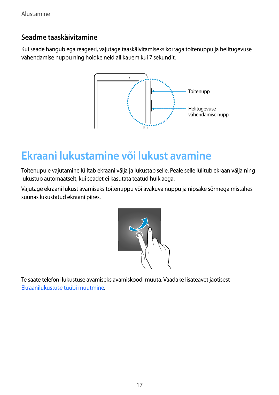 Samsung SM-P550NZKASEB, SM-T550NZWASEB, SM-T550NZKASEB manual Ekraani lukustamine või lukust avamine, Seadme taaskäivitamine 