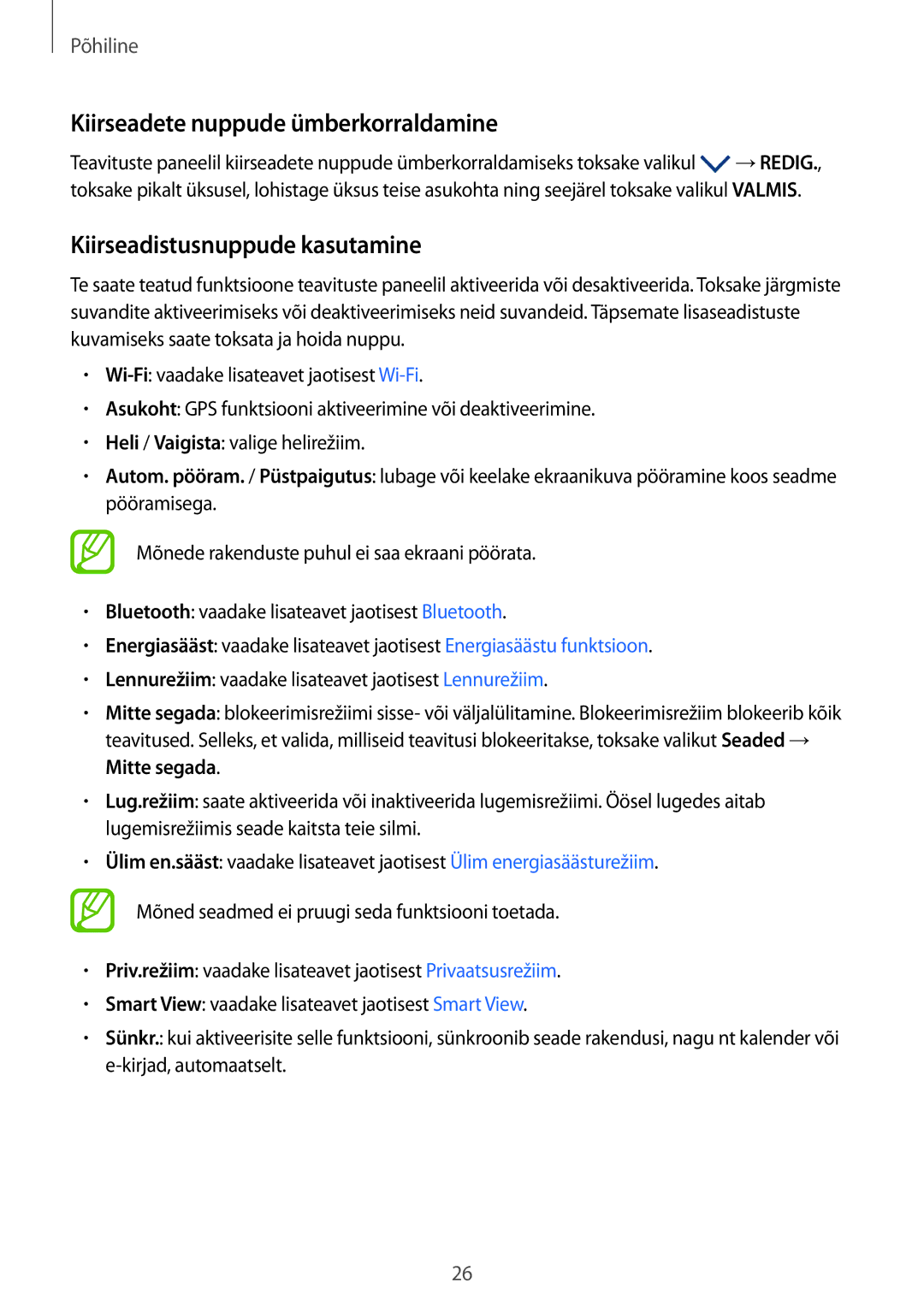 Samsung SM-P550NZKASEB, SM-T550NZWASEB manual Kiirseadete nuppude ümberkorraldamine, Kiirseadistusnuppude kasutamine 