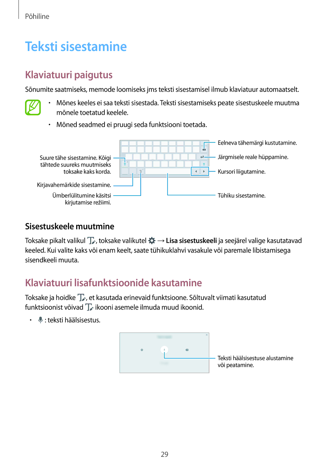 Samsung SM-P550NZKASEB, SM-T550NZWASEB Teksti sisestamine, Klaviatuuri paigutus, Klaviatuuri lisafunktsioonide kasutamine 