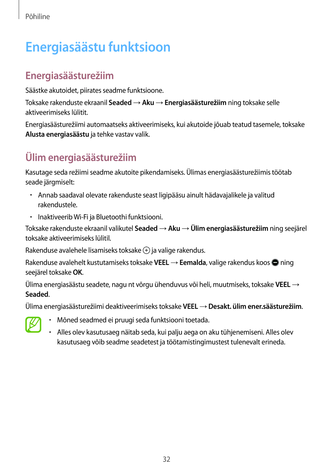 Samsung SM-P550NZKASEB, SM-T550NZWASEB manual Energiasäästu funktsioon, Energiasäästurežiim, Ülim energiasäästurežiim 