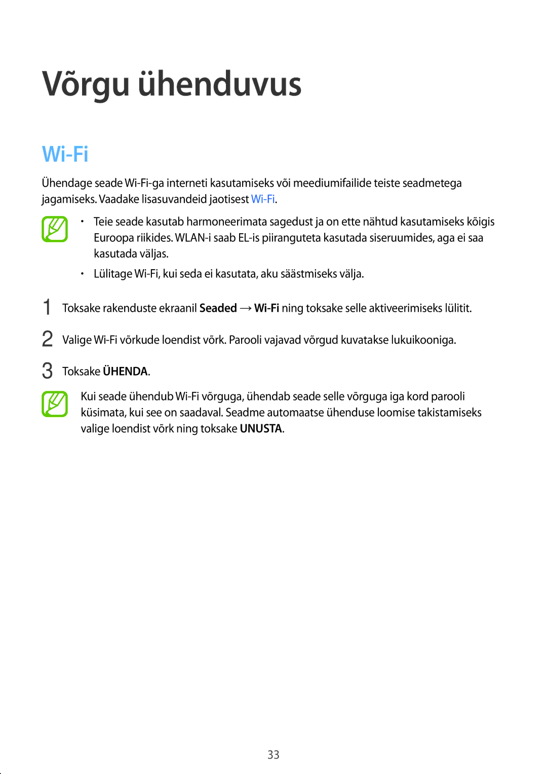 Samsung SM-T550NZWASEB, SM-T550NZKASEB, SM-P550NZKASEB manual Võrgu ühenduvus, Wi-Fi 