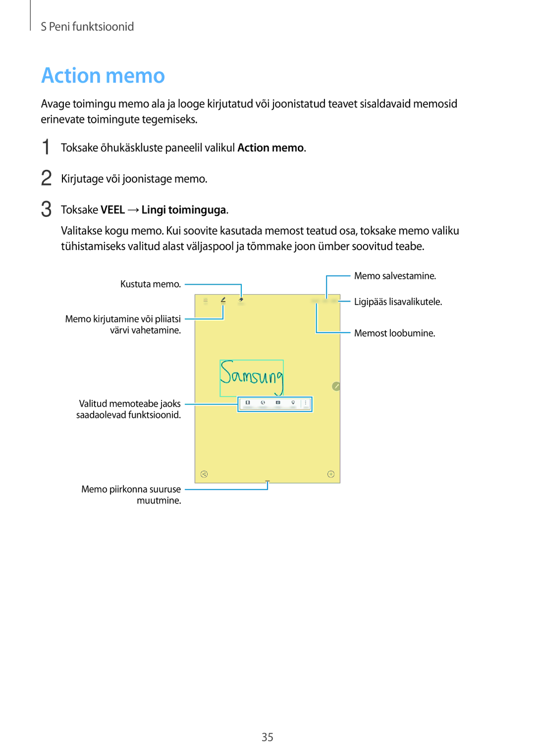 Samsung SM-P550NZKASEB, SM-T550NZWASEB, SM-T550NZKASEB manual Action memo, Toksake Veel →Lingi toiminguga 