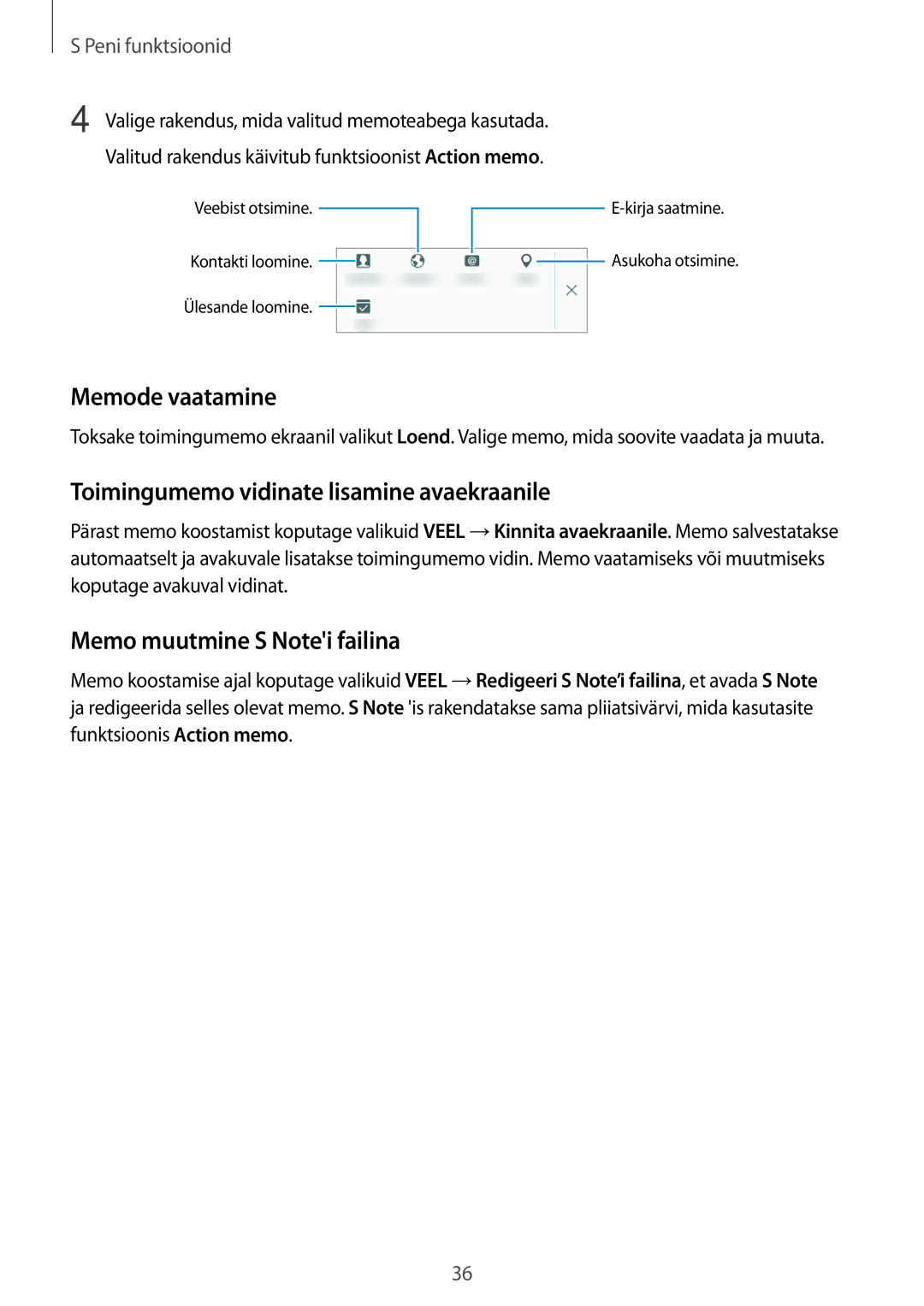 Samsung SM-T550NZWASEB manual Memode vaatamine, Toimingumemo vidinate lisamine avaekraanile, Memo muutmine S Notei failina 