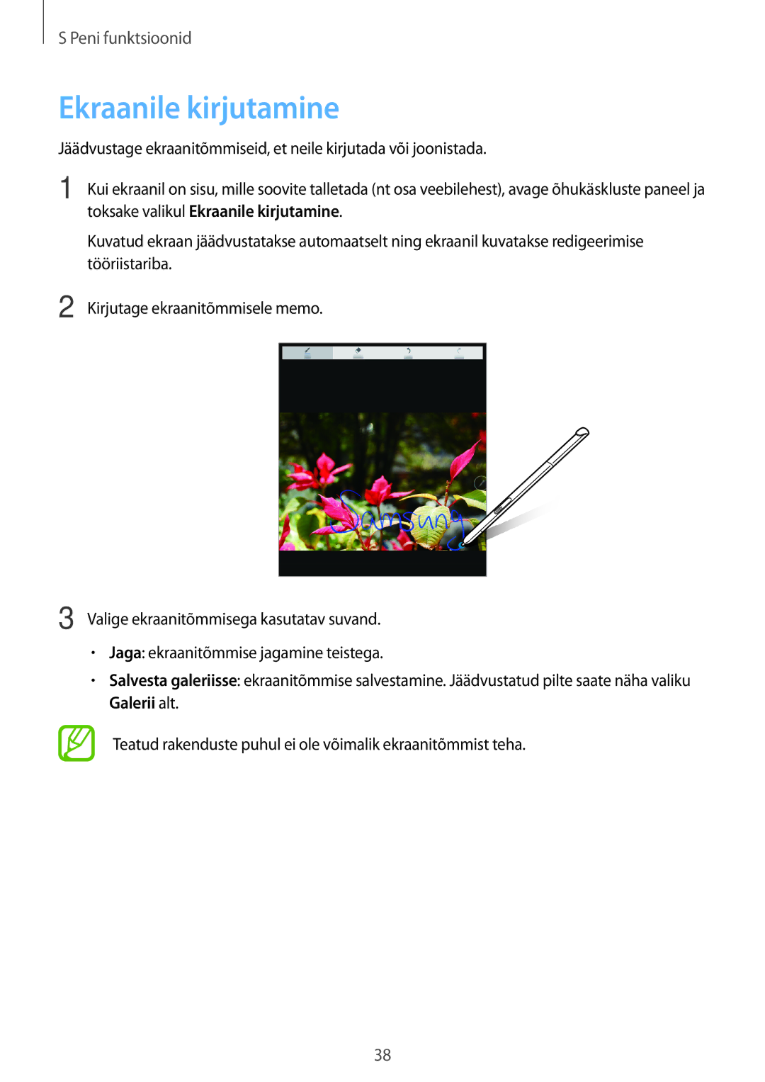 Samsung SM-P550NZKASEB, SM-T550NZWASEB, SM-T550NZKASEB manual Toksake valikul Ekraanile kirjutamine 