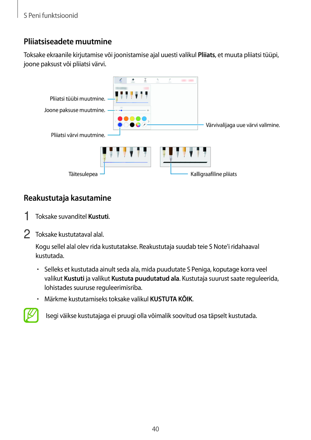 Samsung SM-T550NZKASEB, SM-T550NZWASEB, SM-P550NZKASEB manual Pliiatsiseadete muutmine, Reakustutaja kasutamine 