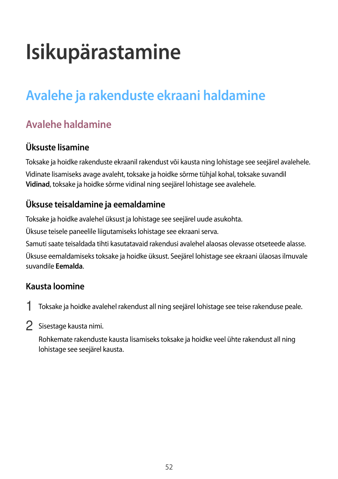 Samsung SM-T550NZKASEB, SM-T550NZWASEB manual Isikupärastamine, Avalehe ja rakenduste ekraani haldamine, Avalehe haldamine 