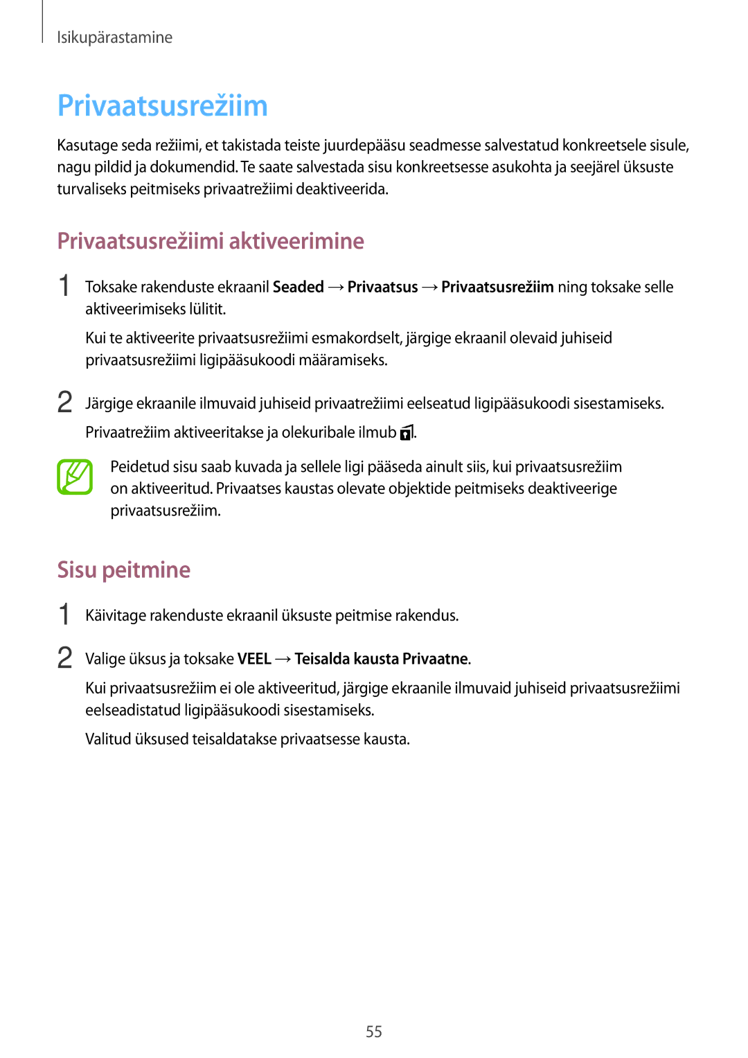 Samsung SM-T550NZKASEB, SM-T550NZWASEB, SM-P550NZKASEB manual Privaatsusrežiimi aktiveerimine, Sisu peitmine 