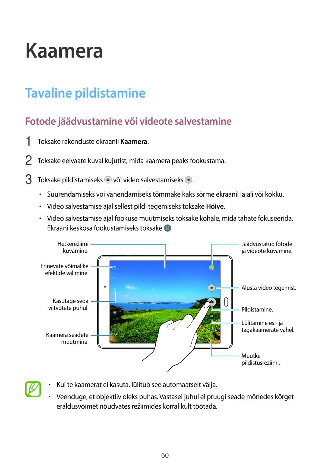 Samsung SM-T550NZWASEB, SM-T550NZKASEB manual Kaamera, Tavaline pildistamine, Fotode jäädvustamine või videote salvestamine 