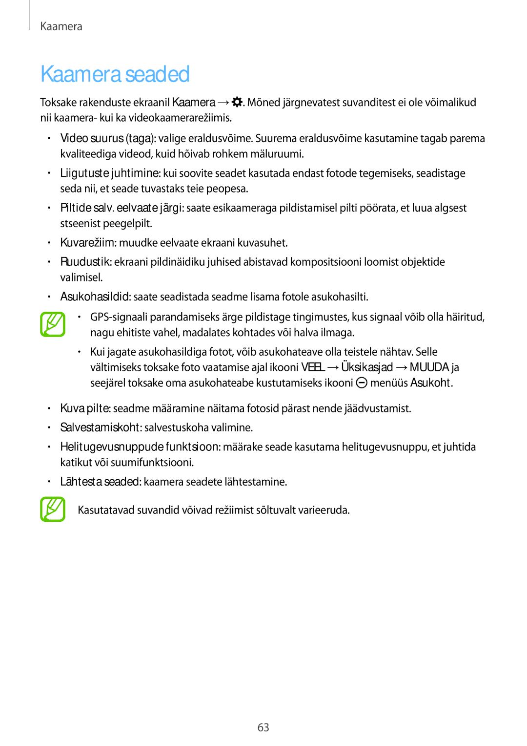 Samsung SM-T550NZWASEB, SM-T550NZKASEB, SM-P550NZKASEB manual Kaamera seaded 