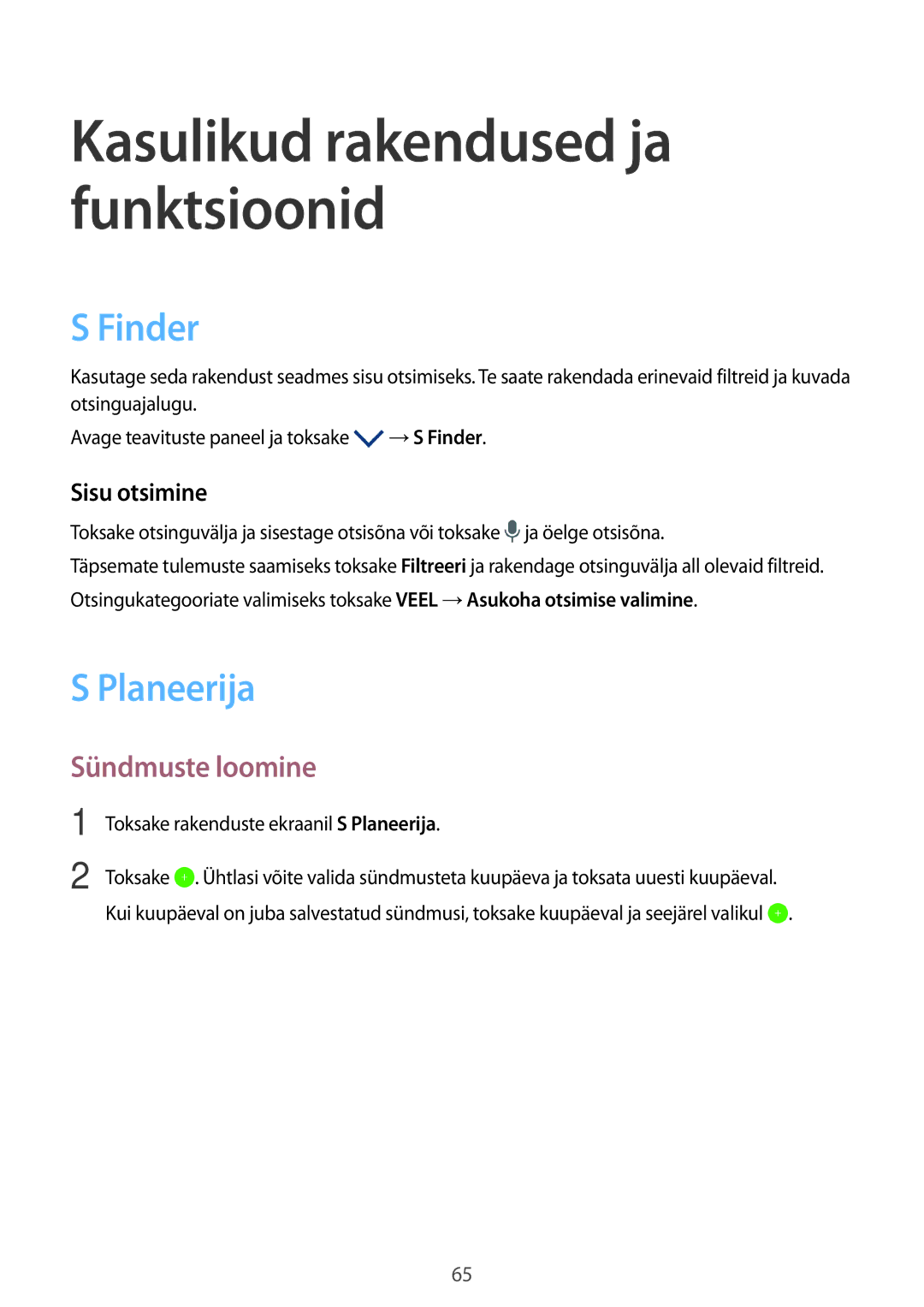 Samsung SM-P550NZKASEB, SM-T550NZWASEB, SM-T550NZKASEB manual Finder, Planeerija, Sündmuste loomine, Sisu otsimine 