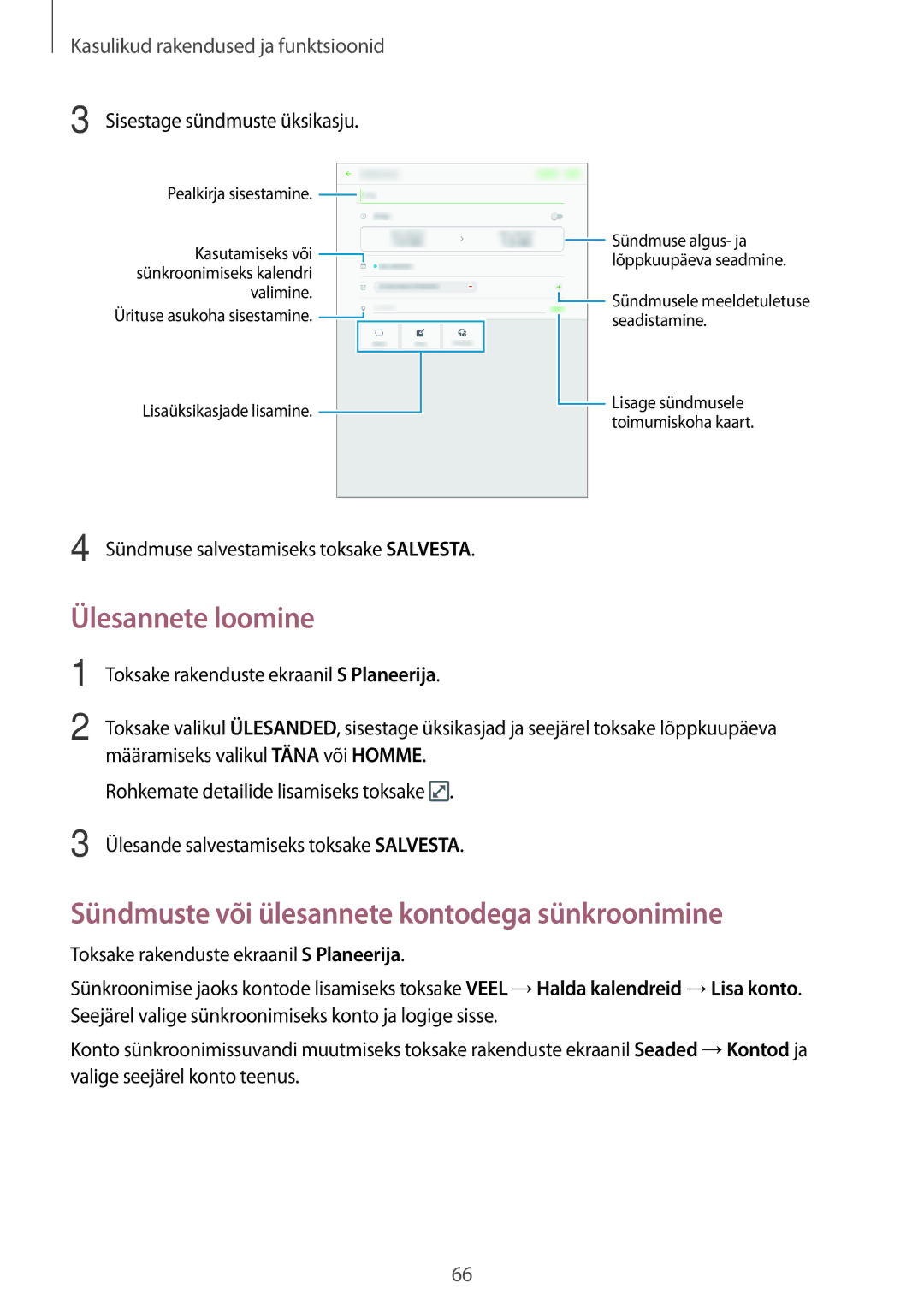 Samsung SM-T550NZWASEB, SM-T550NZKASEB, SM-P550NZKASEB Ülesannete loomine, Sündmuste või ülesannete kontodega sünkroonimine 
