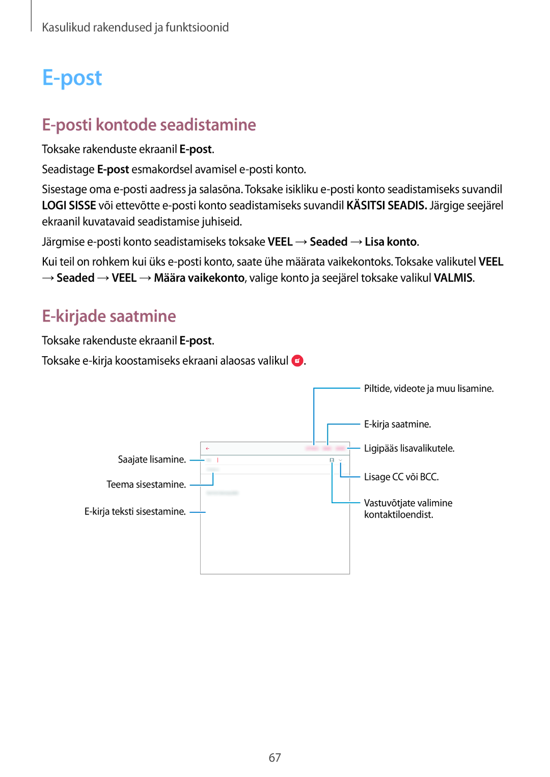 Samsung SM-T550NZKASEB, SM-T550NZWASEB, SM-P550NZKASEB manual Posti kontode seadistamine, Kirjade saatmine 