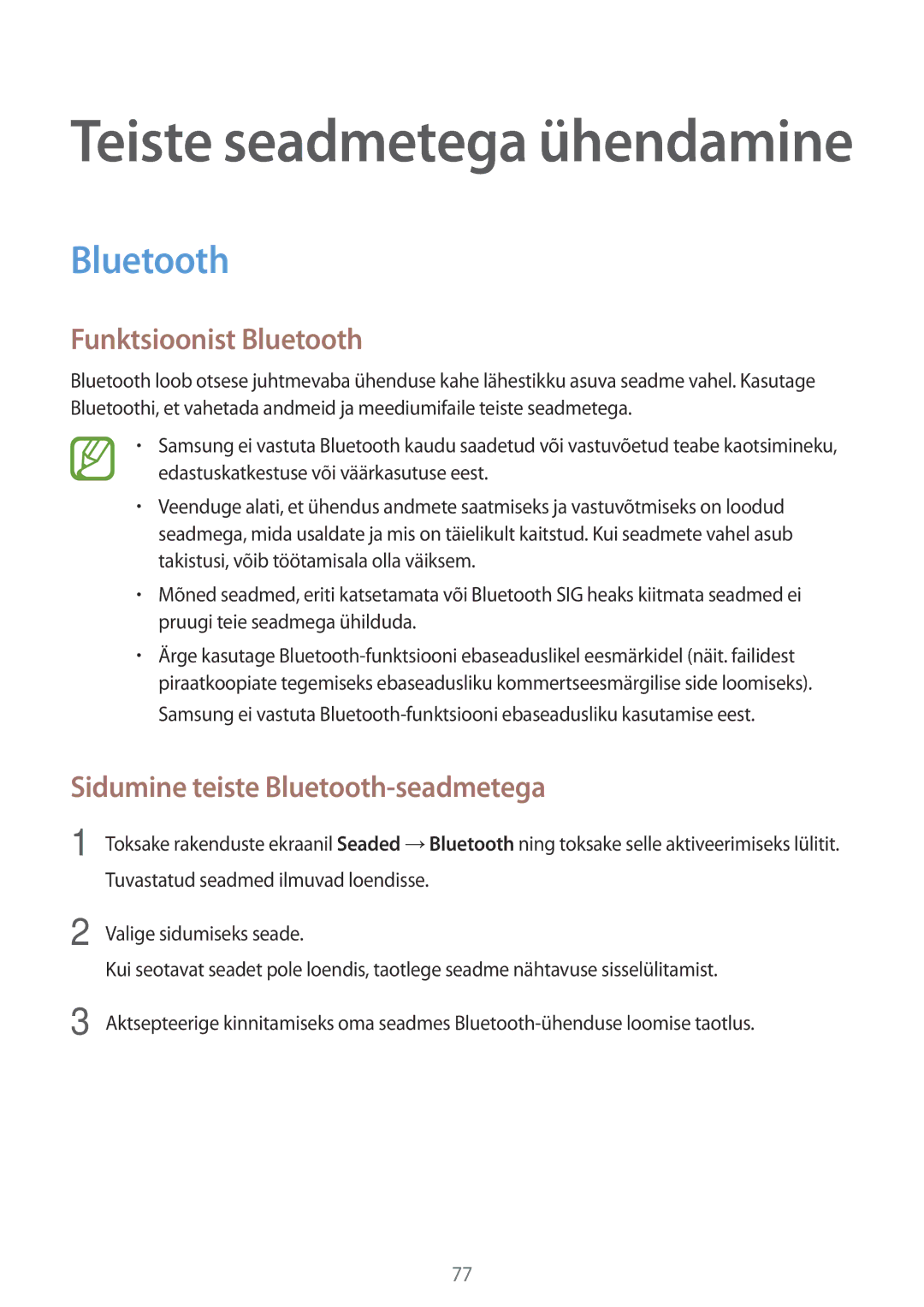 Samsung SM-P550NZKASEB, SM-T550NZWASEB, SM-T550NZKASEB Funktsioonist Bluetooth, Sidumine teiste Bluetooth-seadmetega 