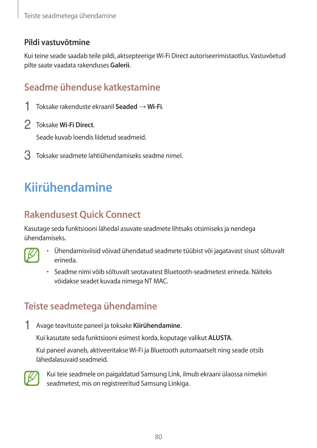 Samsung SM-P550NZKASEB, SM-T550NZWASEB manual Kiirühendamine, Seadme ühenduse katkestamine, Rakendusest Quick Connect 