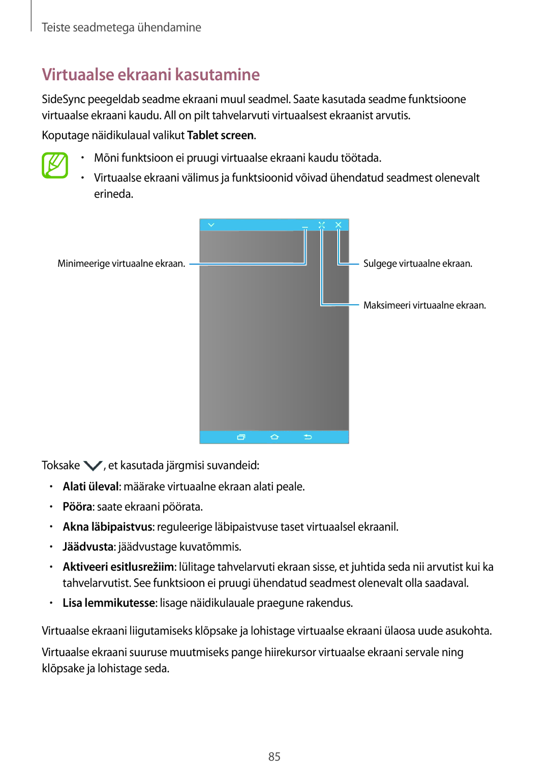 Samsung SM-T550NZKASEB manual Virtuaalse ekraani kasutamine, Lisa lemmikutesse lisage näidikulauale praegune rakendus 