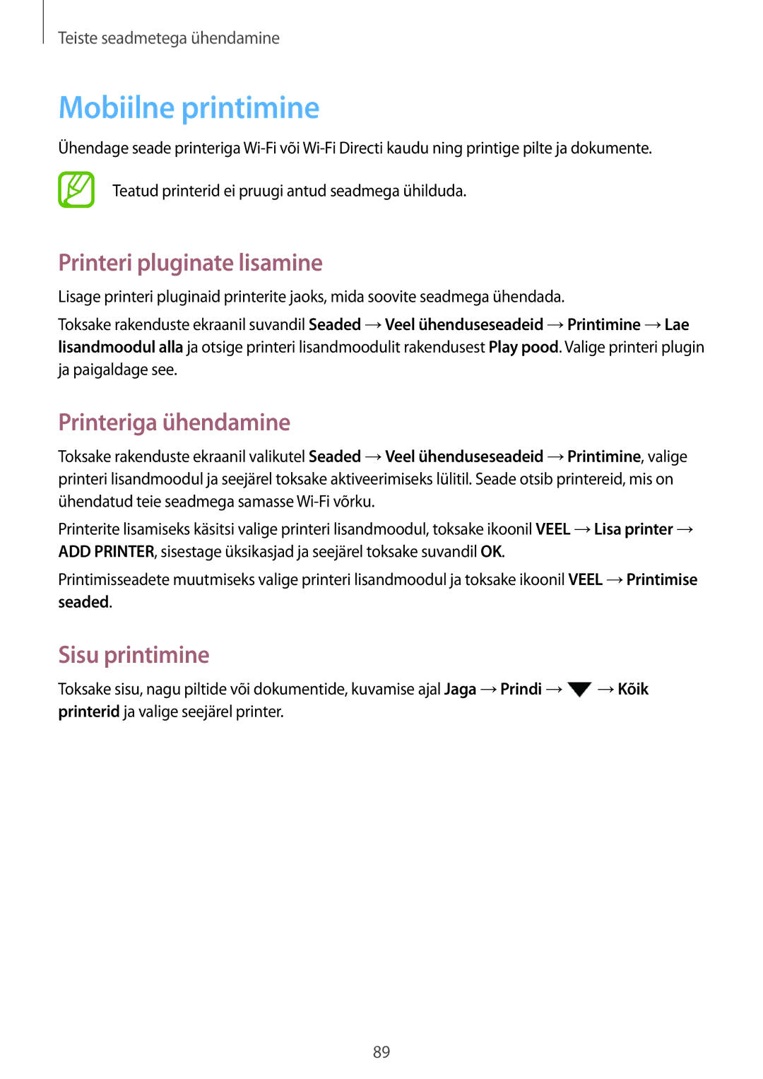 Samsung SM-P550NZKASEB manual Mobiilne printimine, Printeri pluginate lisamine, Printeriga ühendamine, Sisu printimine 