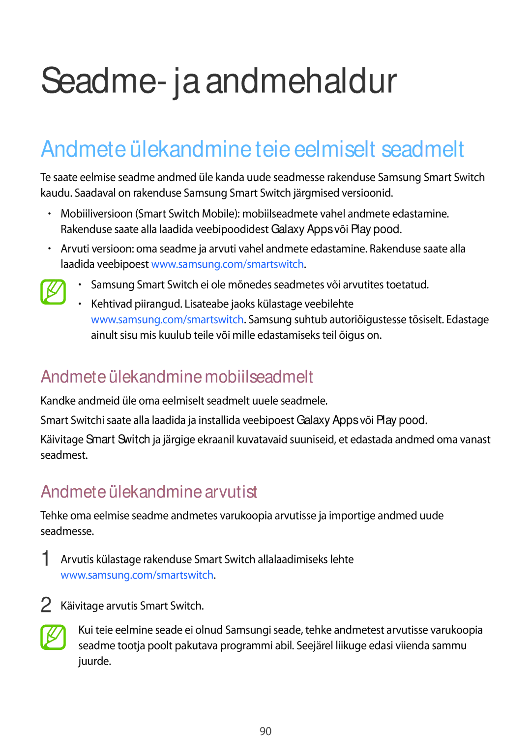 Samsung SM-T550NZWASEB manual Seadme- ja andmehaldur, Andmete ülekandmine mobiilseadmelt, Andmete ülekandmine arvutist 