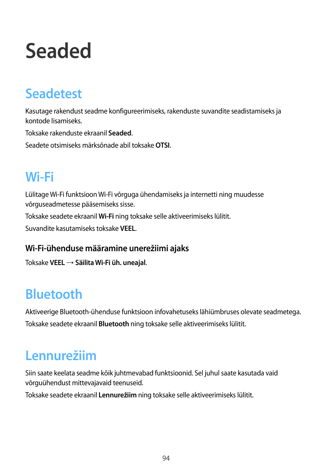 Samsung SM-T550NZKASEB, SM-T550NZWASEB manual Seaded, Seadetest, Lennurežiim, Wi-Fi-ühenduse määramine unerežiimi ajaks 