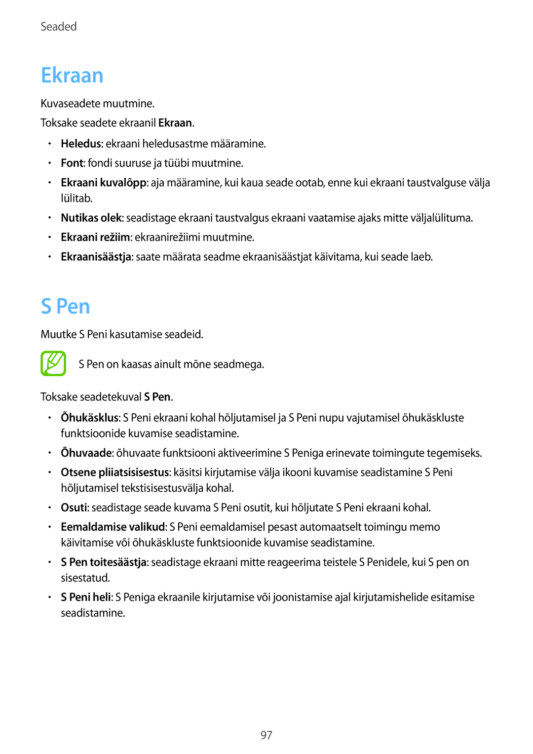 Samsung SM-T550NZKASEB, SM-T550NZWASEB, SM-P550NZKASEB manual Ekraan, Pen 