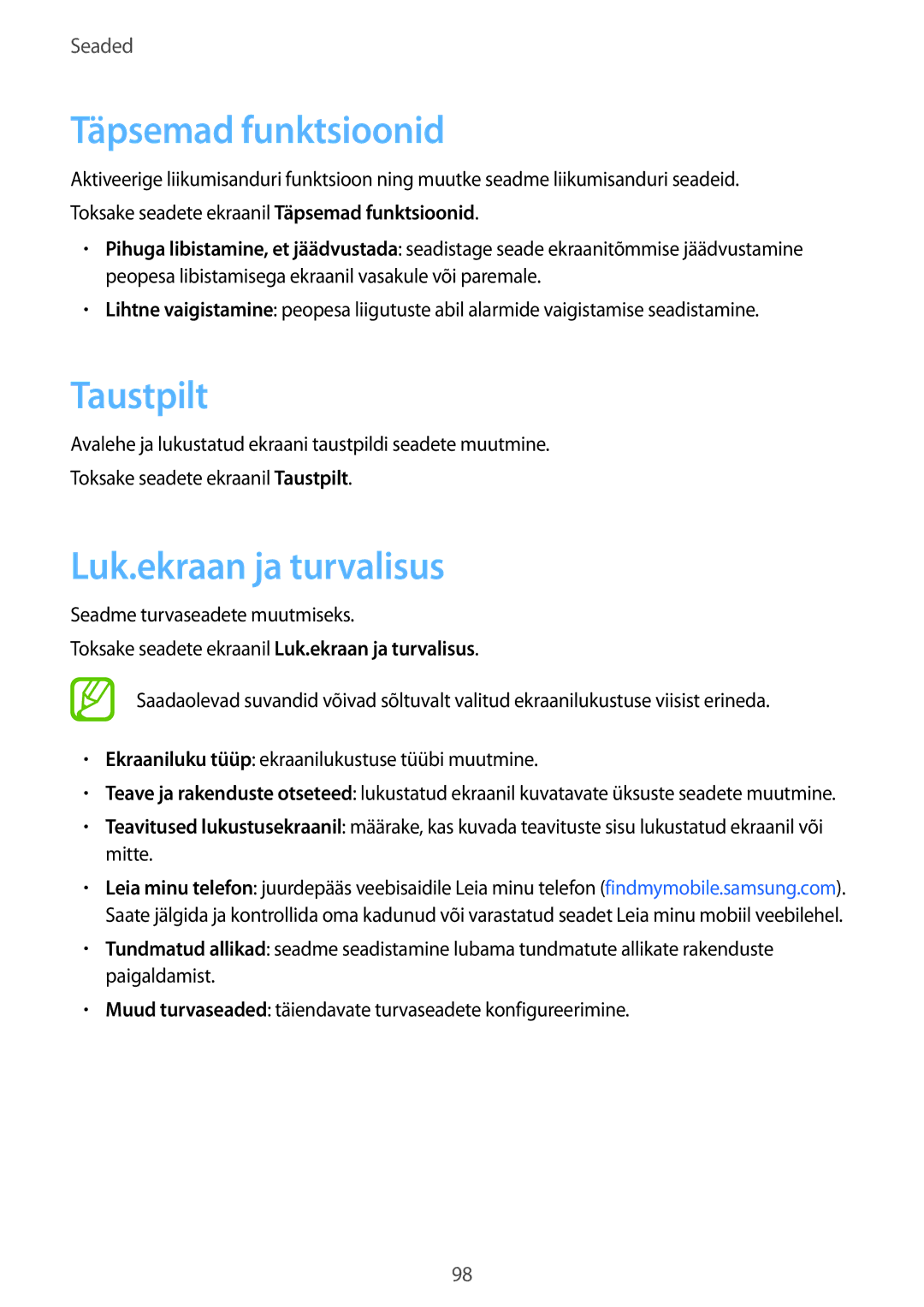 Samsung SM-P550NZKASEB, SM-T550NZWASEB, SM-T550NZKASEB manual Taustpilt, Luk.ekraan ja turvalisus 