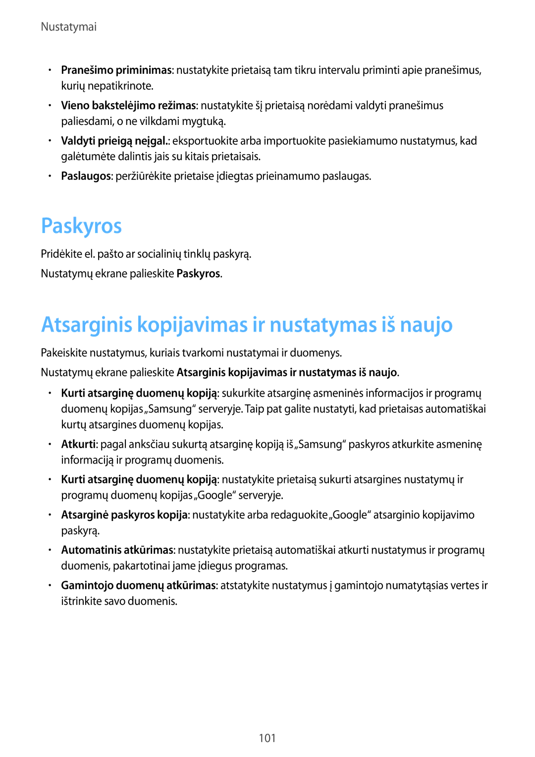 Samsung SM-P550NZKASEB, SM-T550NZWASEB, SM-T550NZKASEB manual Paskyros, Atsarginis kopijavimas ir nustatymas iš naujo 